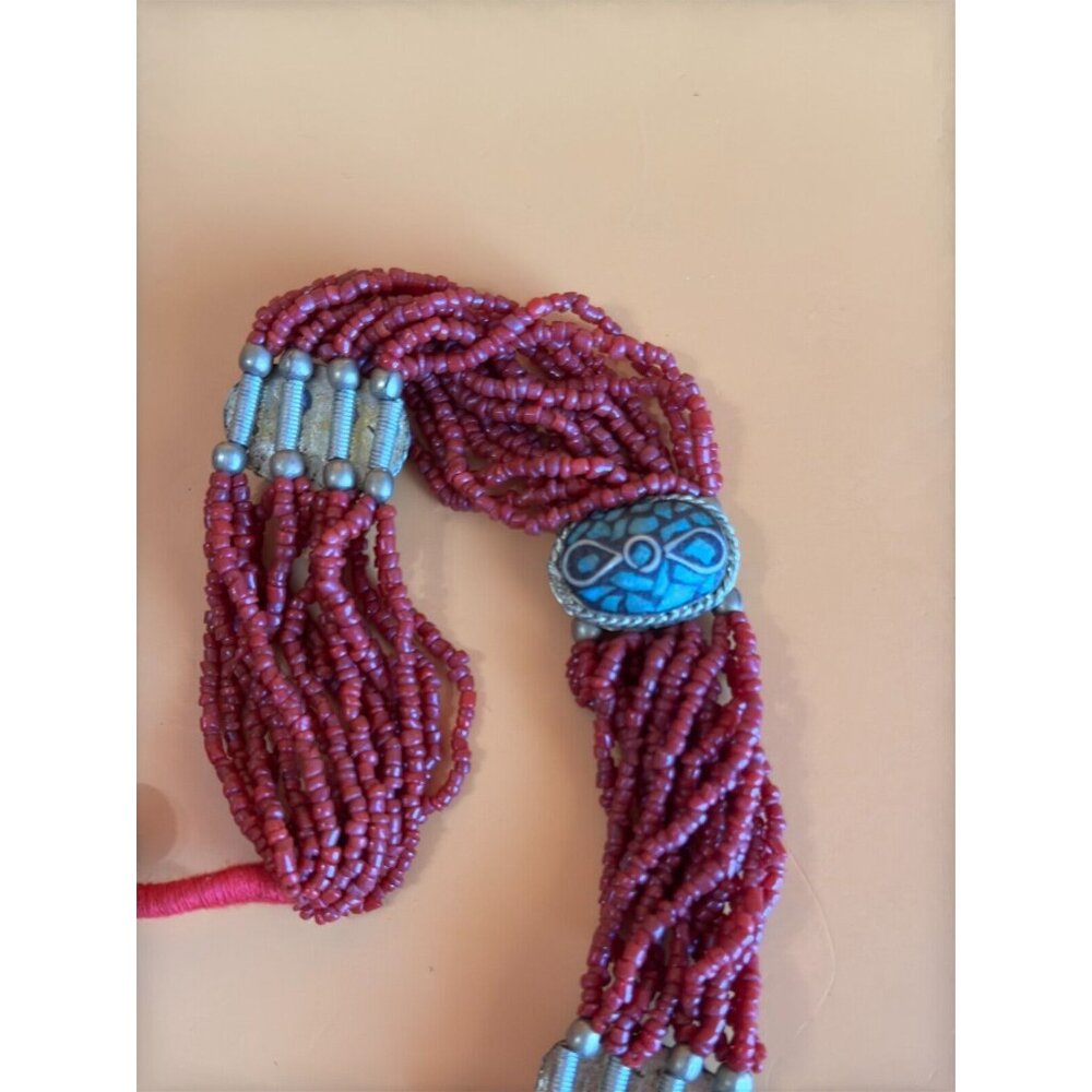 Tibetan Multi Strand Bamboo Coral Bead w/Turquoise Mosaic Inlaid Accent Necklace - Picture 4 of 8